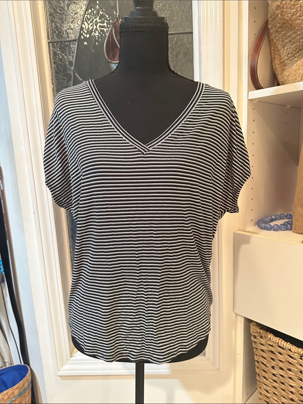 White House Black Market Black & White Striped V-Neck Top